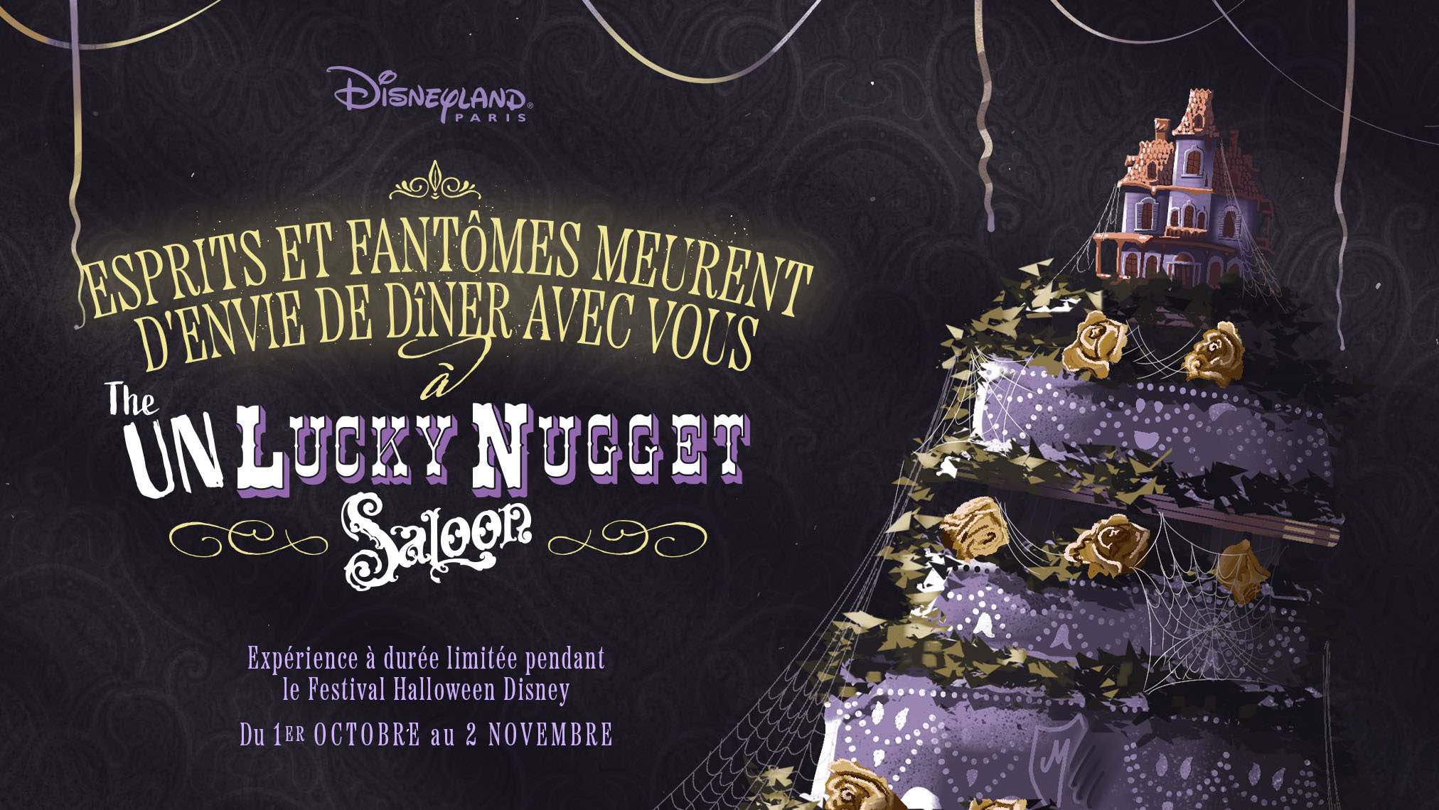 Pendant le Festival Halloween Disney à Disneyland® Paris, une ambiance mystérieuse enveloppera les visiteurs pendant leur repas à The Lucky Nugget Saloon. 